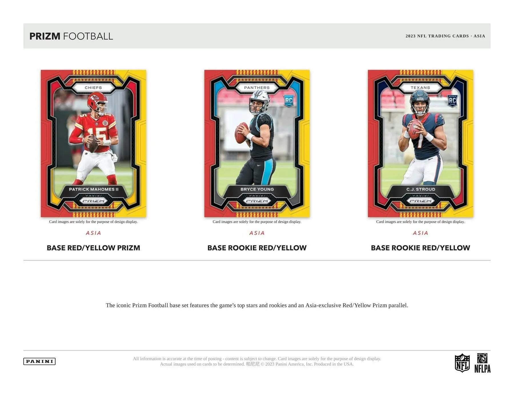 Three Panini Prizm Football Asia trading cards featuring exclusive red yellow designs