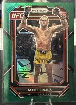 Green refractor trading card of UFC fighter Alex Pereira from Panini Prizm Green series