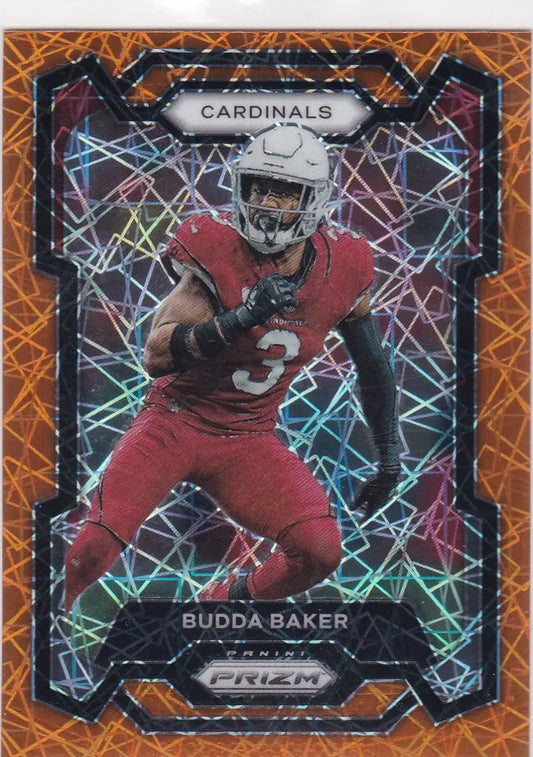 Football trading card featuring Budda Baker Arizona Cardinals 2023 Panini Prizm Orange Lazer