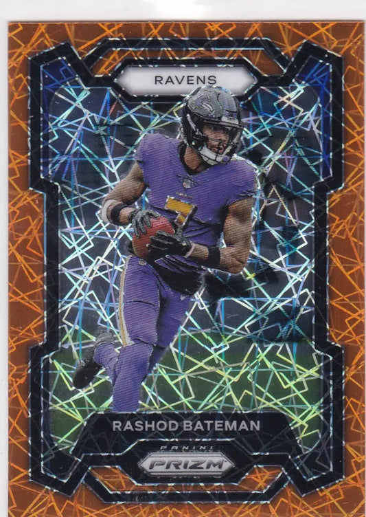 Orange-bordered Panini Prizm Orange Lazer football card of Rashod Bateman Baltimore Ravens