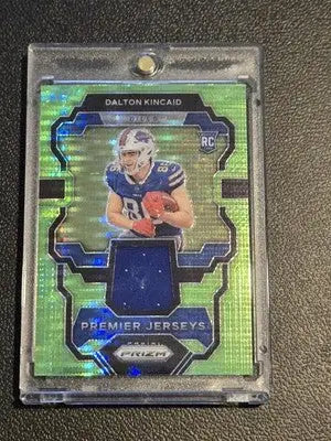 Dalton Kincaid football card from 2023 Panini Prizm Kincaid Premier Jerseys Neon Green Pulsar