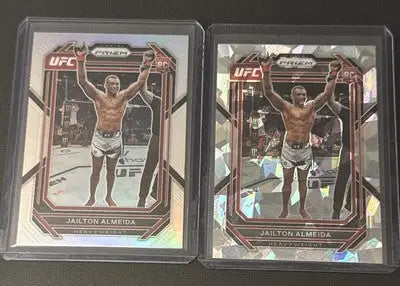 Jailton Almeida UFC Panini Prizm trading cards in protective cases for 2023 Prizm UFC collection