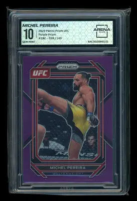 Graded Panini Prizm UFC Michel Pereira trading card in MMA Arena Club purple serial number