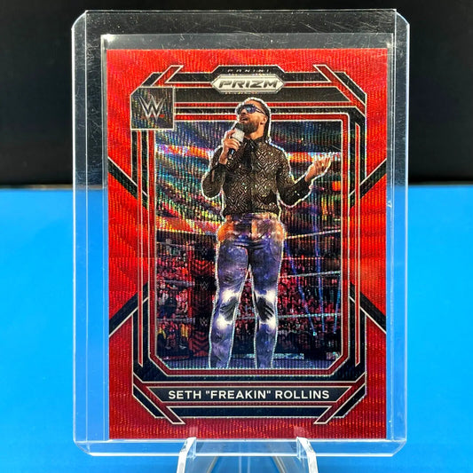 2023 Panini Prizm WWE Red Wave Prizm Card featuring Seth Rollins in action