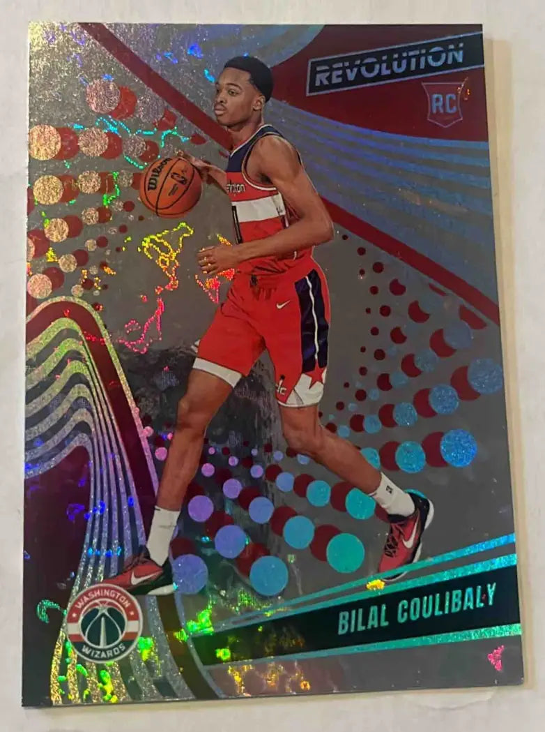 Holographic Panini Revolution Bilal Coulibaly Avalanche trading card with Wizards uniform