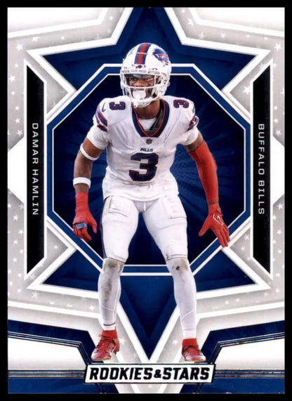 Football card featuring Damar Hamlin from 2023 Panini Rookies & Stars NFL collection