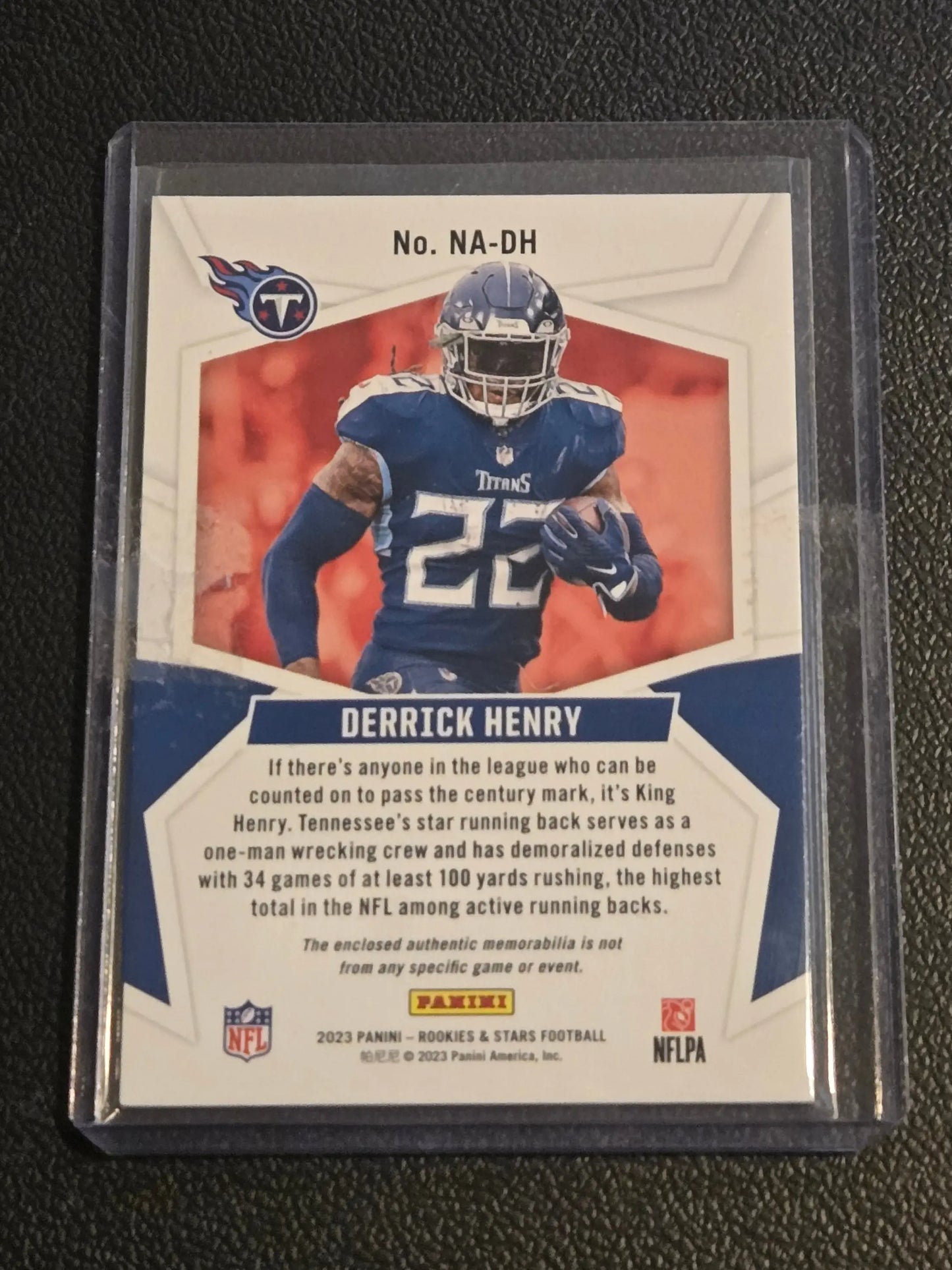 Football trading card featuring Derrick Henry in Tennessee Titans uniform, 2023 Panini NFL