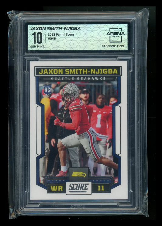 Graded Jaxon Smith-Njigba football trading card from Panini Score Arena Club 2023