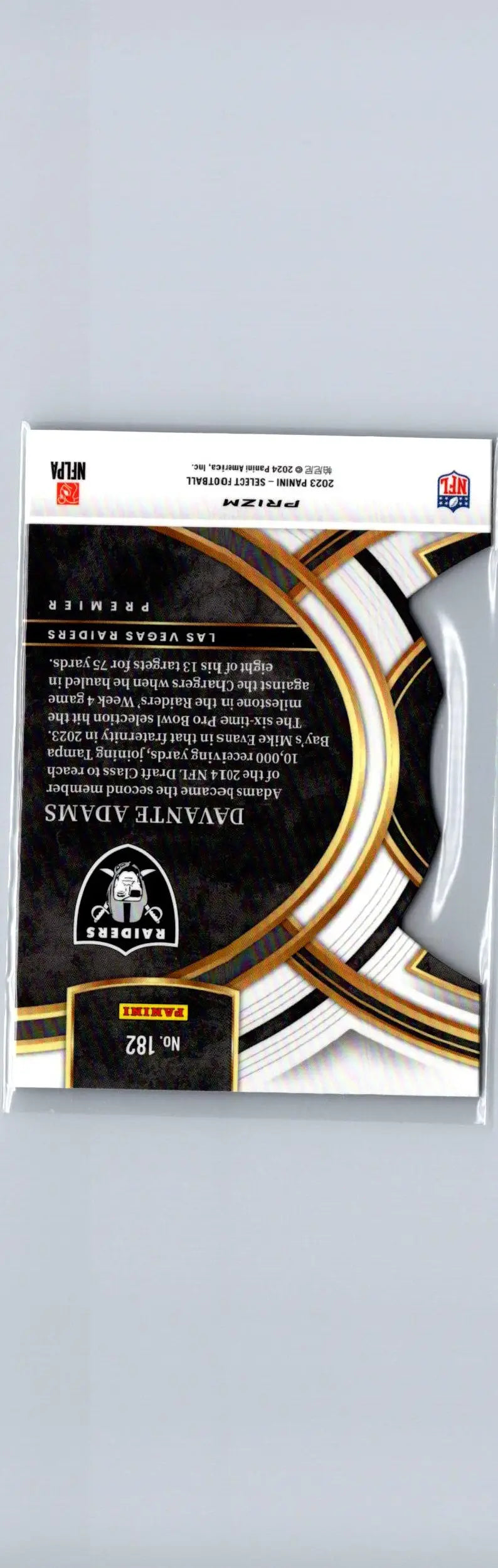 Back of a Davante Adams Las Vegas Raiders trading card from 2023 Panini Select featuring Davante Adams Silver Prizms Die Cuts