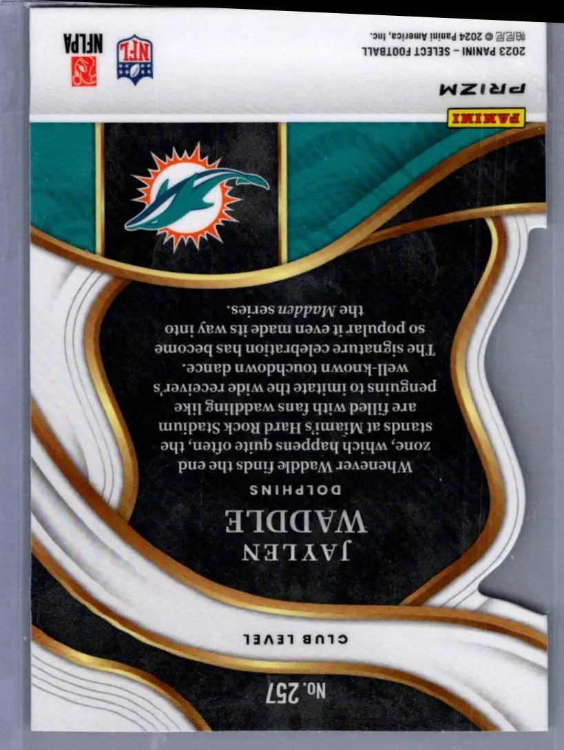 Collectible Jaylen Waddle football trading card 2023 Panini Select Waddle Silver Prizms