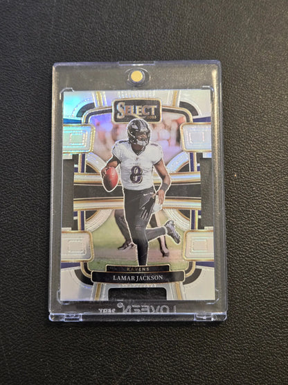 Lamar Jackson Silver football trading card in protective case from 2023 Panini Select