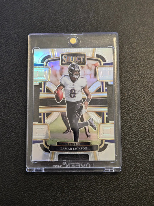 Lamar Jackson Silver football trading card in protective case from 2023 Panini Select