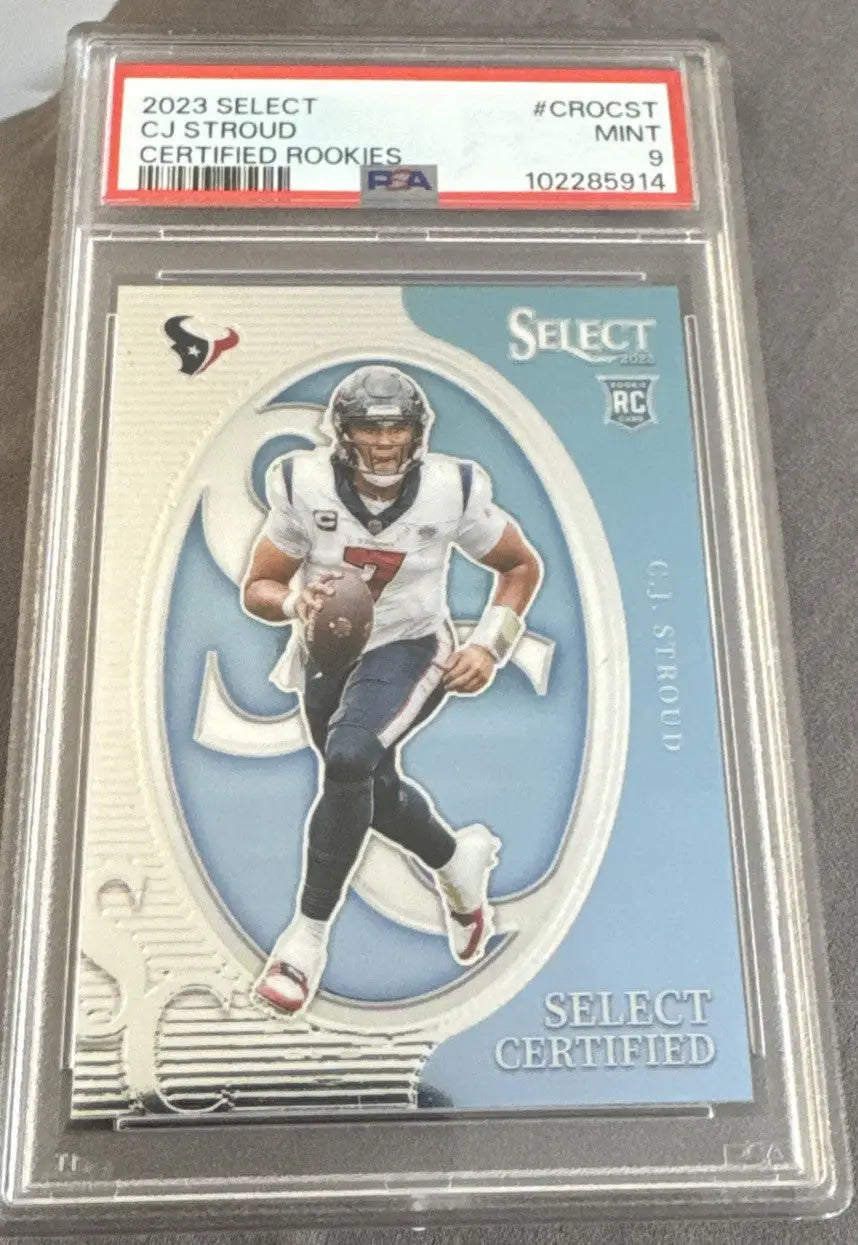 Graded CJ Stroud rookie card from 2023 Panini Select trading cards PSA 9 quality