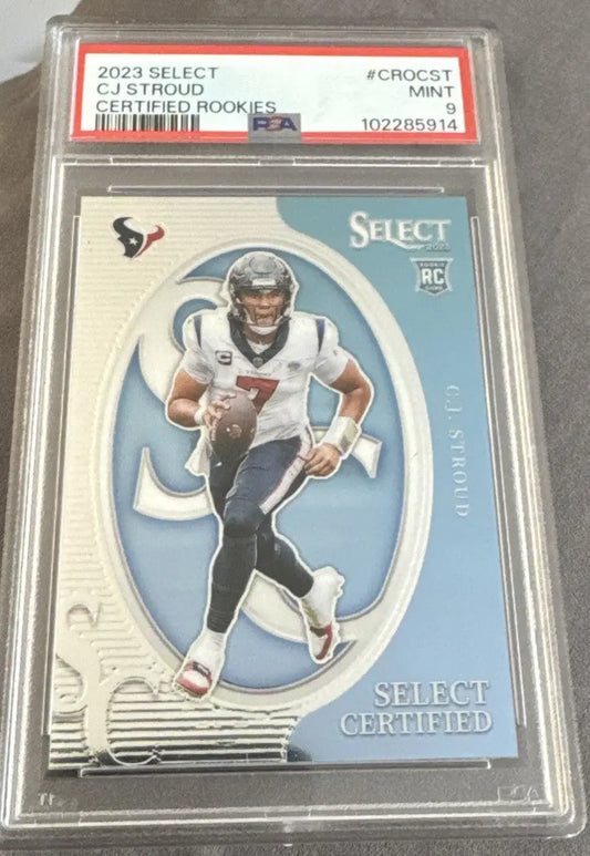 Graded CJ Stroud rookie card from 2023 Panini Select trading cards PSA 9 quality