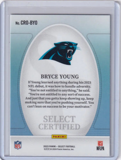 Back of a Bryce Young Carolina Panthers Panini Select trading card 2023