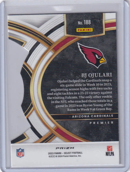 Back of a Panini Select Diecut football trading card featuring BJ Ojulari of the Arizona Cardinals