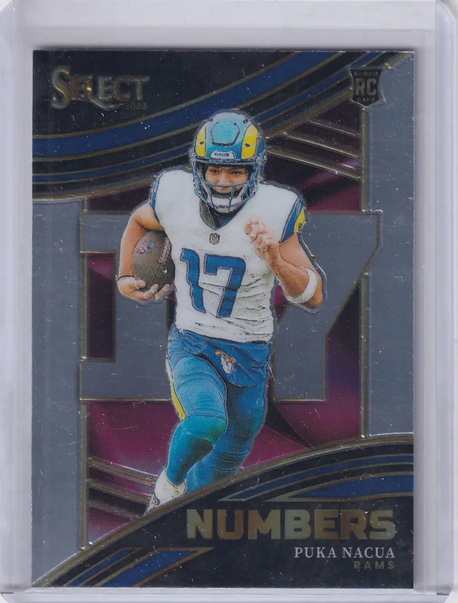 Football trading card featuring Puka Nacua from Los Angeles Rams Panini Select 2023