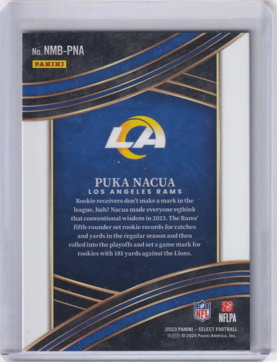 Back of a Puka Nacua Los Angeles Rams Panini Select football trading card