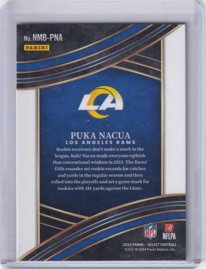 Back of a Puka Nacua Los Angeles Rams Panini Select football trading card