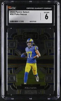 Graded Panini Select Puka Nacua football card displayed in 2023 Panini Select product