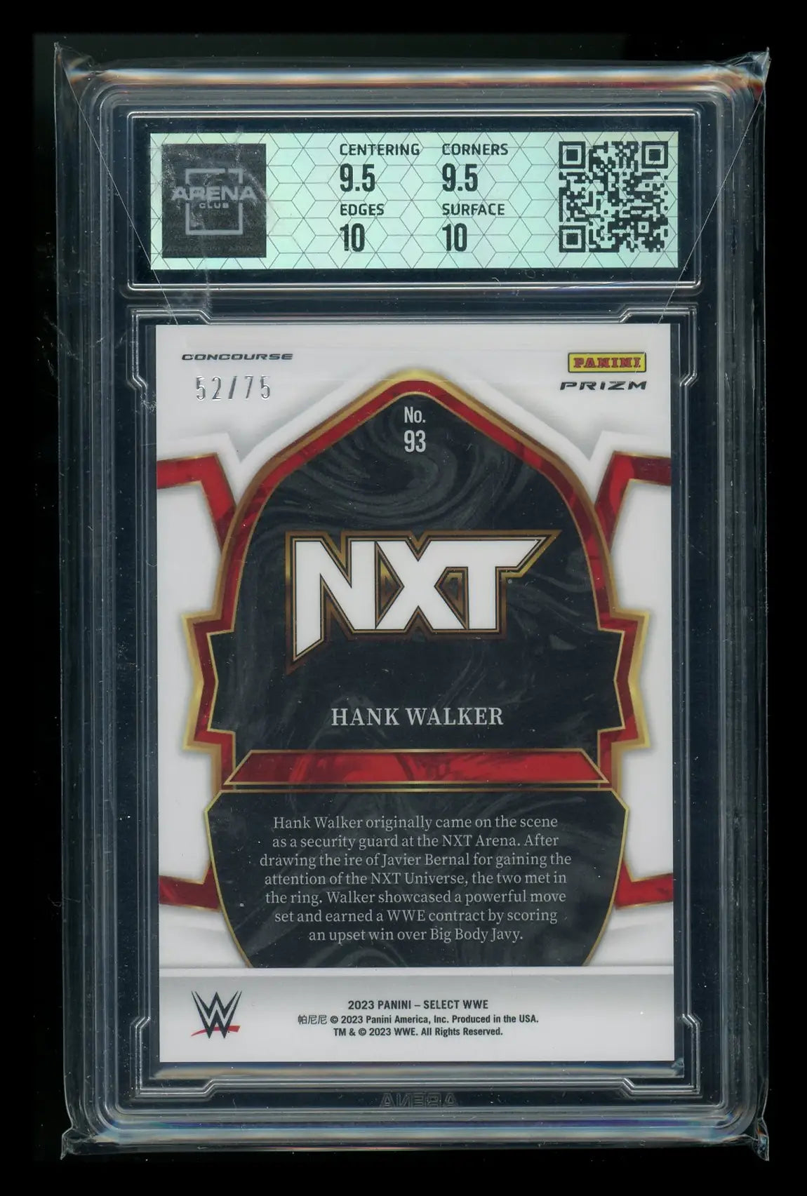 Graded Hank Walker NXT trading card from 2023 Panini Select WWE Arena Club series