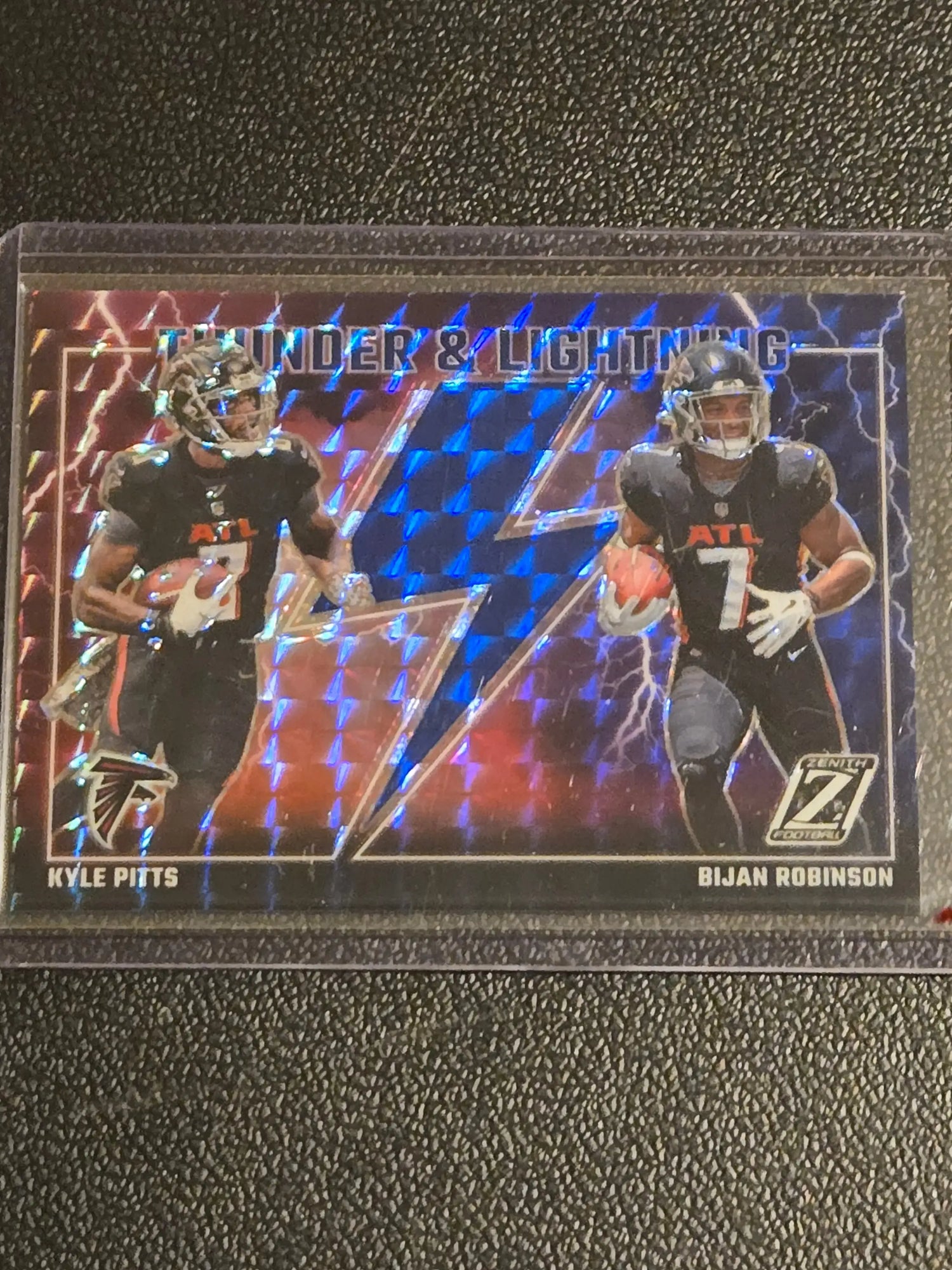 Football trading card featuring Kyle Pitts and Bijan Robinson in Thunder & Lightning design