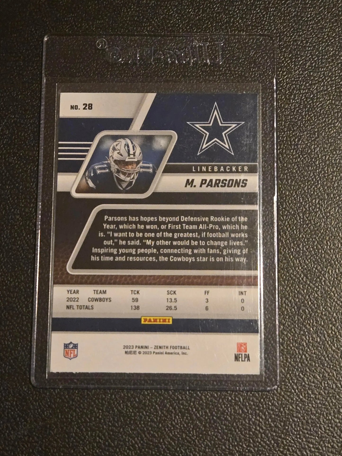 Micah Parsons Red Zone football trading card in protective sleeve for 2023 Panini Zenith