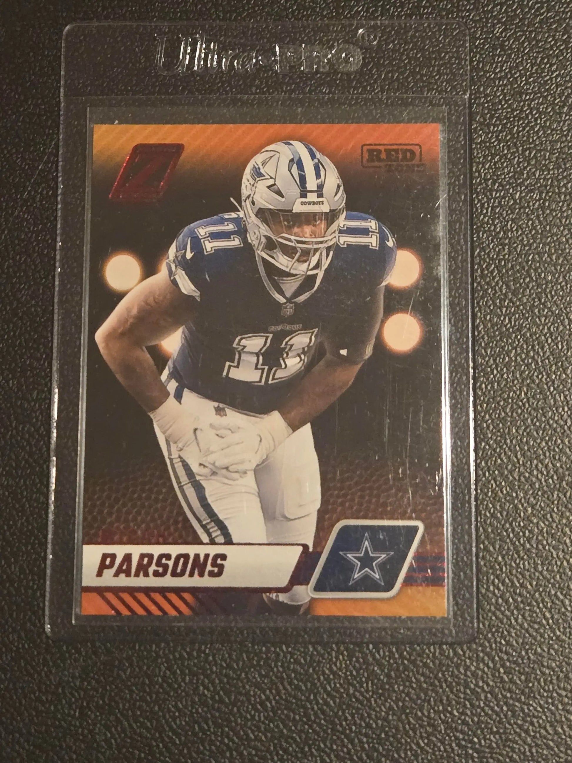 Football trading card of Micah Parsons Red Zone in protective sleeve for 2023 Panini Zenith