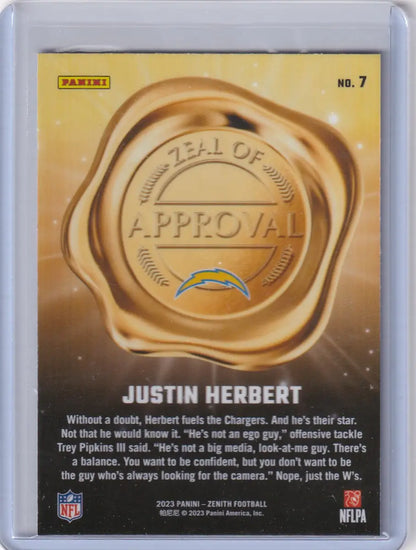 2023 Panini Zenith #7 Justin Herbert - Los Angeles Chargers - Trading Card