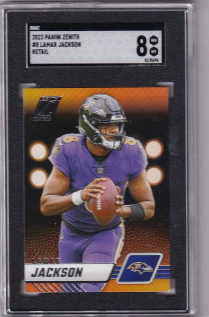 Graded Lamar Jackson SGC 8 football card from 2023 Panini Zenith, Baltimore Ravens collectible