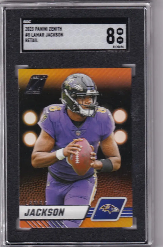 Graded Lamar Jackson SGC 8 football card from 2023 Panini Zenith, Baltimore Ravens collectible