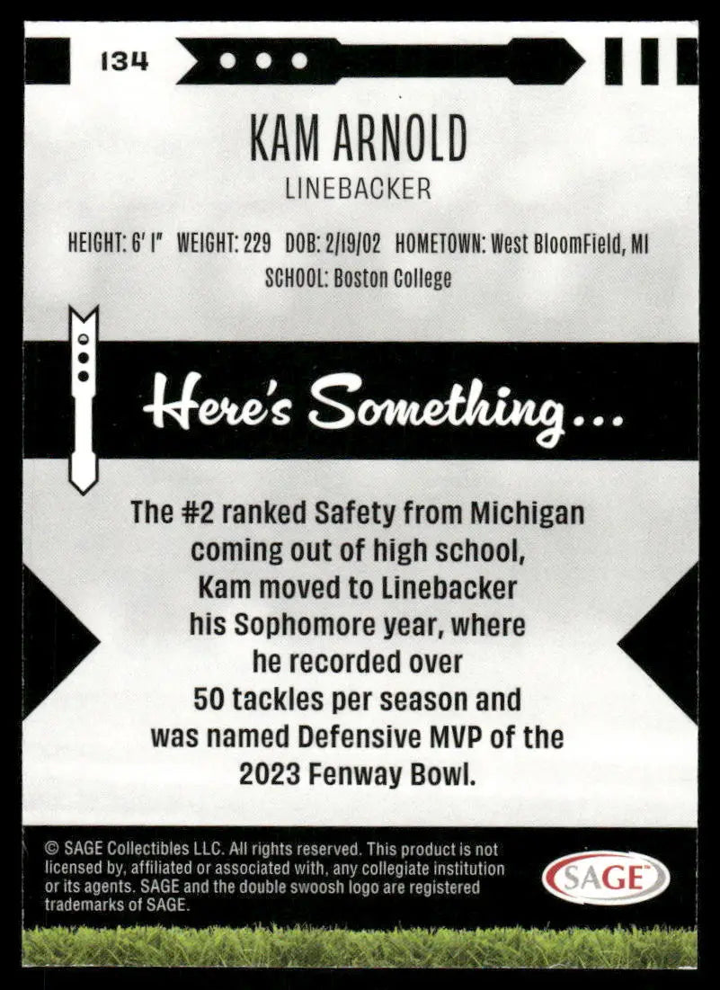 2023 SAGE Kam Arnold Football Trading Card featuring Kam Arnold #134 for collectors