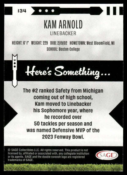 2023 SAGE Kam Arnold Football Trading Card featuring Kam Arnold #134 for collectors