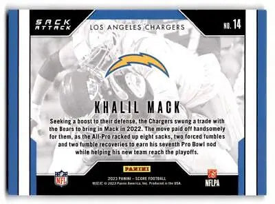 Khalil Mack football card from 2023 Score #14 Khalil Mack Sack Attack collection