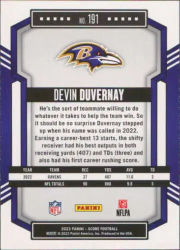 Devin Duvernay 2023 Score #191 football card with original gloss, Ravens player