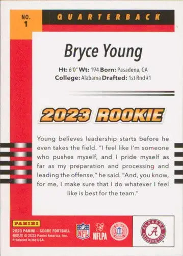 2023 Score 2003 Throwback Rookie #1 Bryce Young NM Near Mint ID:64993 - Trading Card