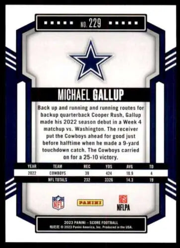 2023 Score #229 Michael Gallup football card featuring original gloss, NM condition
