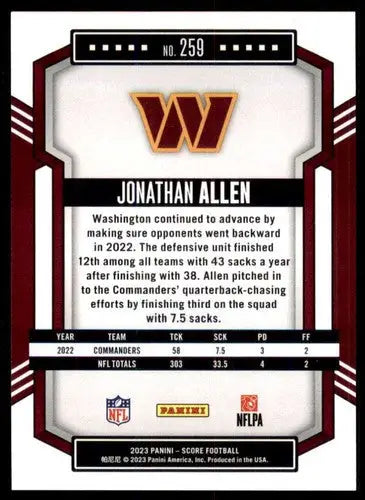2023 Score #259 Jonathan Allen NM Near Mint Commanders ID:64976 - Trading Cards