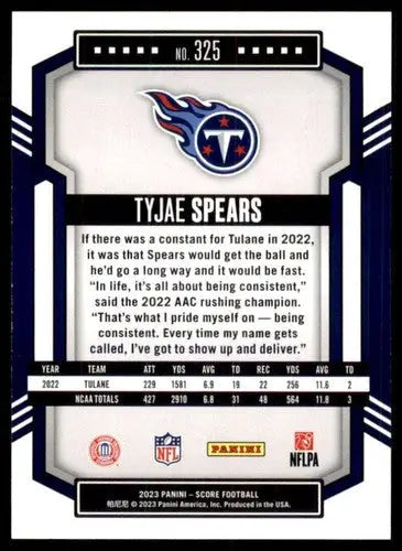 2023 Score #325 Tyjae Spears NM Near Mint RC Rookie Titans ID:64983 - Trading Cards