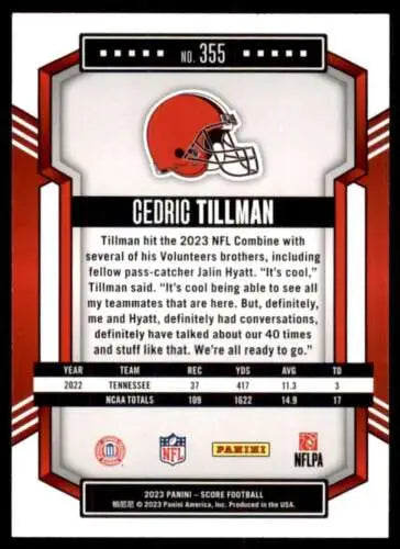 Cedric Tillman 2023 Score #355 NM Mint RC Rookie football card with original gloss