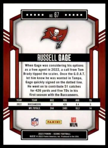 2023 Score #67 Russell Gage football card with original gloss, Near Mint condition