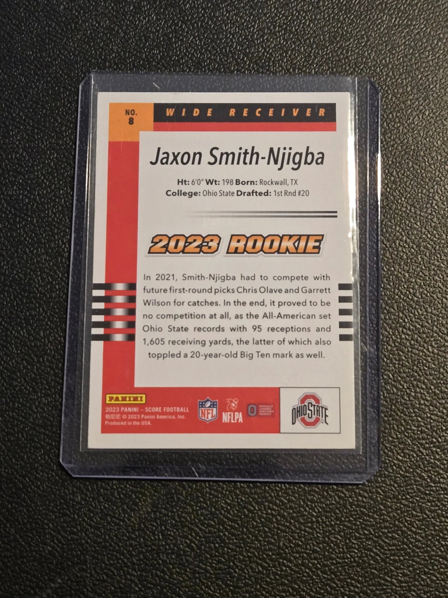 Jaxon Smith-Njigba 2023 rookie football card in protective sleeve from Throwback Rookies