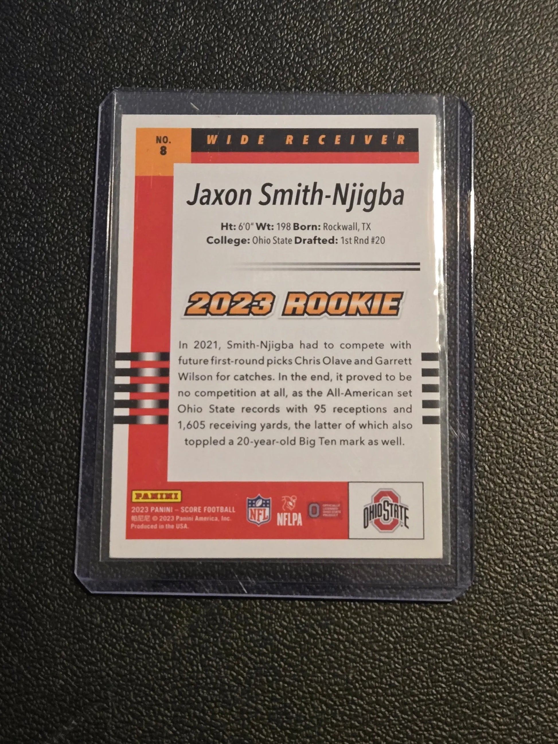 Jaxon Smith-Njigba 2023 rookie football card in protective sleeve from Throwback Rookies