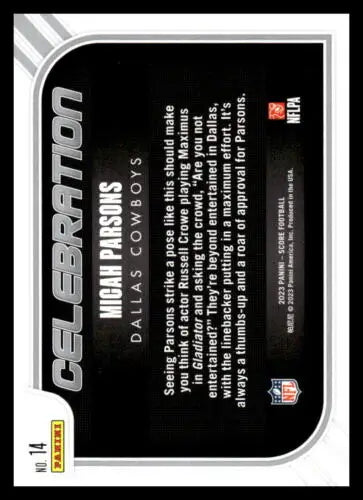 Football card back of 2023 Score Celebration Micah Parsons in original gloss finish