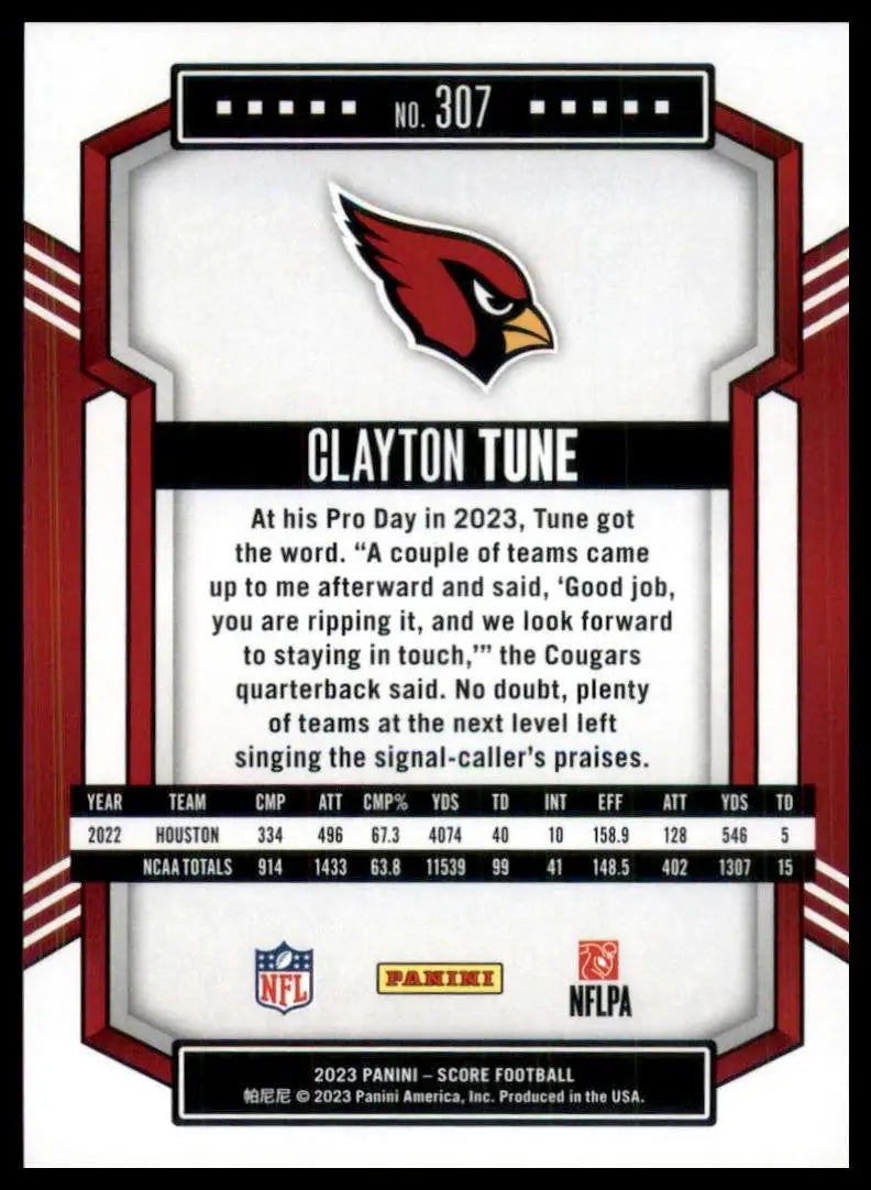 Football trading card featuring Clayton Tune with player stats from 2023 Score Rookie series