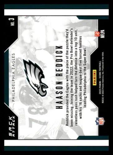 Football trading card featuring 2023 Score Sack Attack Haason Reddick NM Eagles