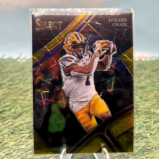 Ja’Marr Chase football card featuring Gold Lazer Prizm from 2023 Select Draft Picks