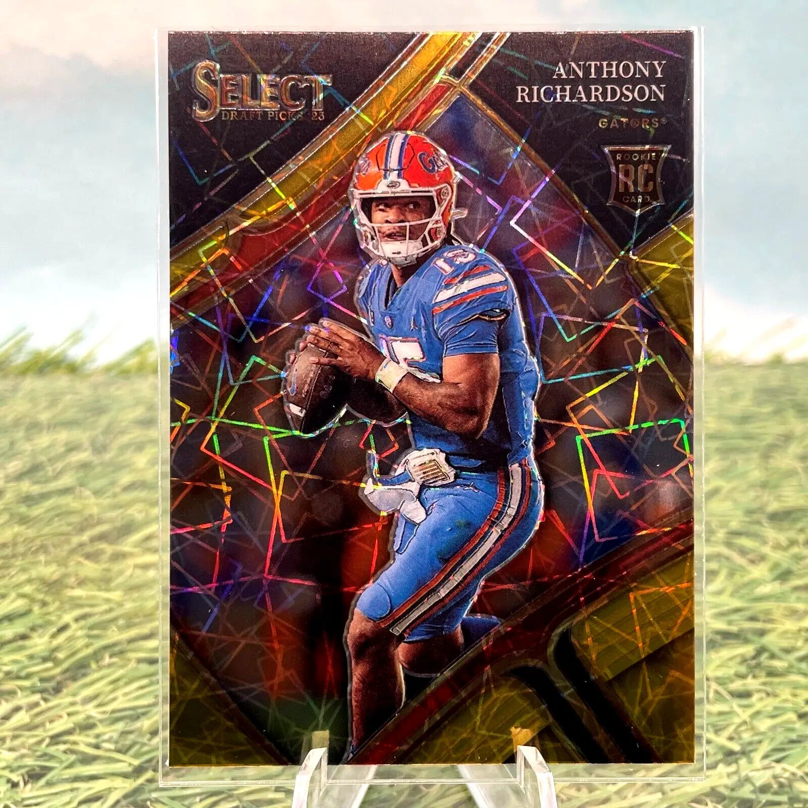 Anthony Richardson football card from 2023 Select Draft Picks Prizm Gold Lazer
