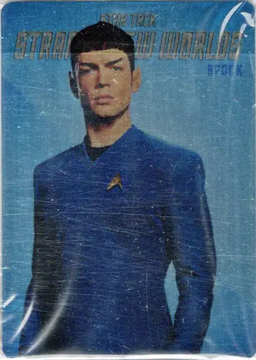 Star Trek character in blue Starfleet uniform featured on metal case topper card