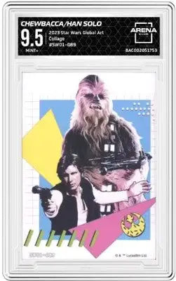 Graded Star Wars trading card from 2023 Star Wars Global Art Han Solo Chewbacca arena club